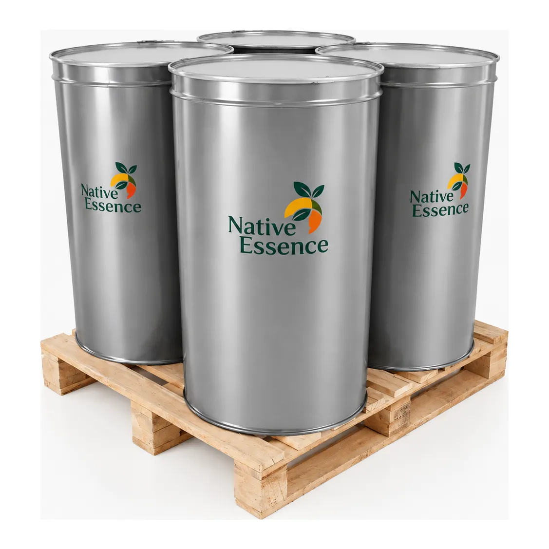 Tambores de 220 kg de pulpa aséptica Native Essence sobre palet
